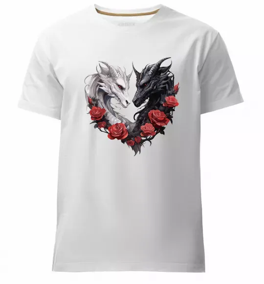 Мужская премиум футболка Чорний та білий дракони в трояндах Белый фото
