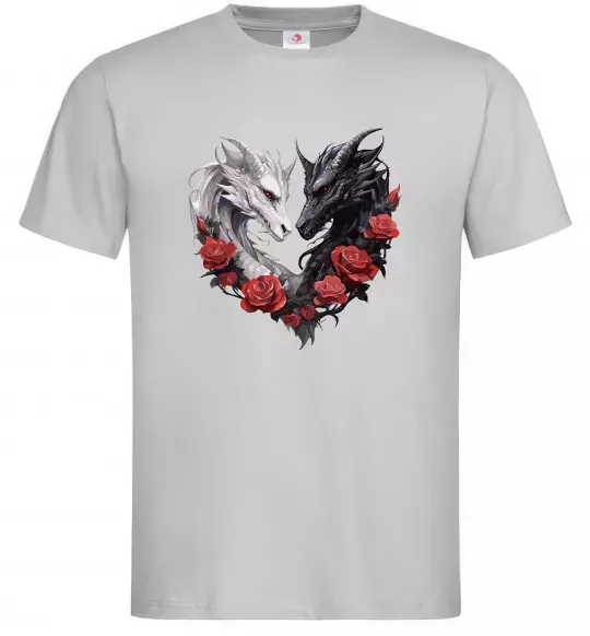 Мужская футболка Чорний та білий дракони в трояндах Серый фото