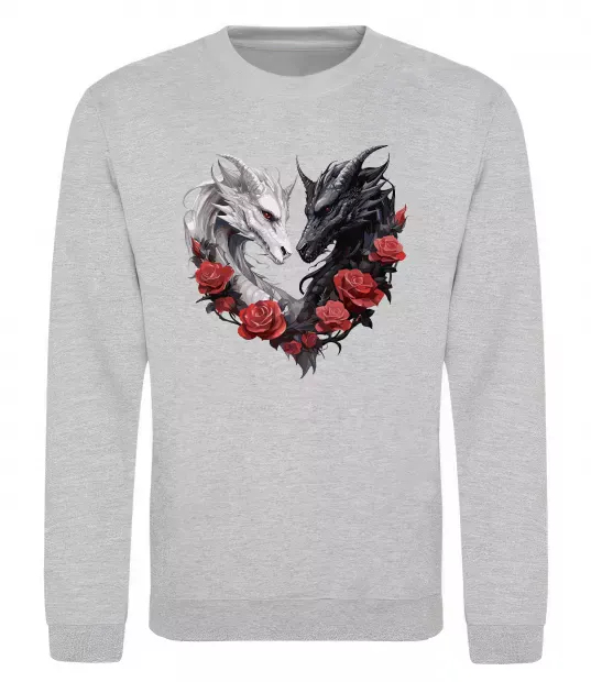 Світшот Чорний та білий дракони в трояндах Сірий меланж фото