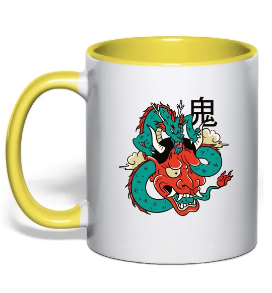 Чашка с цветной ручкой Дракон самурай Лимонный фото