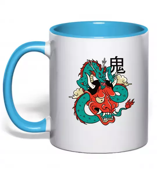 Чашка с цветной ручкой Дракон самурай Голубой фото