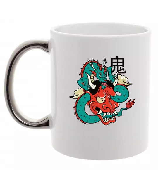 Чашка с цветной ручкой Дракон самурай Серебро фото