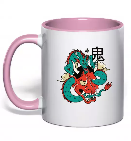 Чашка с цветной ручкой Дракон самурай Нежно розовый фото