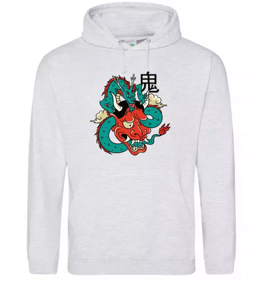 Мужская толстовка (худи) Дракон самурай Серый меланж фото