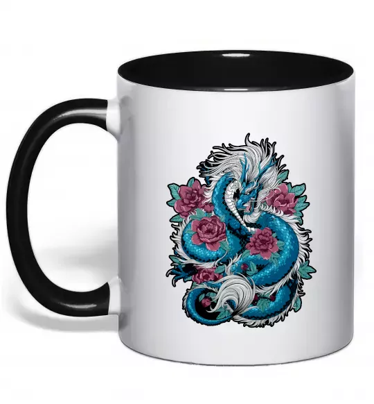 Чашка с цветной ручкой Дракон квіти Черный фото