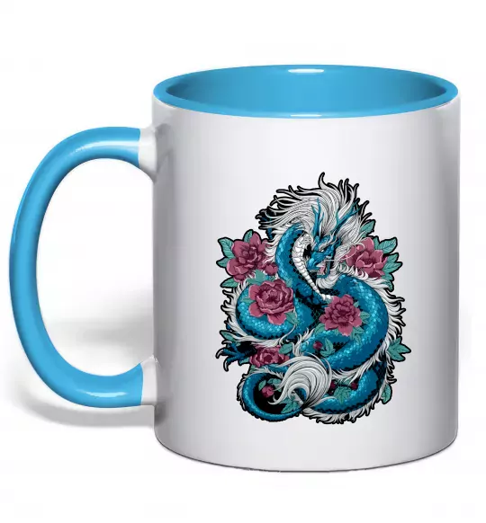 Чашка с цветной ручкой Дракон квіти Голубой фото
