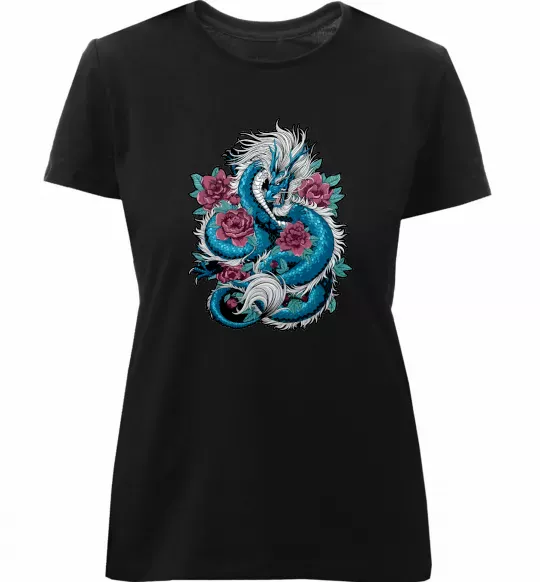 Жіноча преміум футболка Дракон квіти Чорний фото