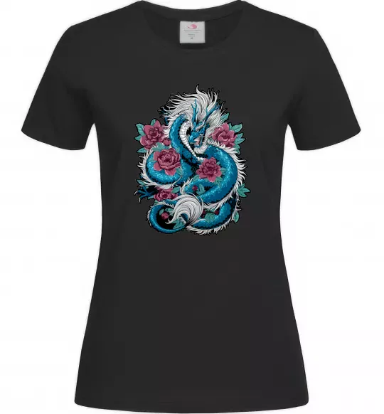 Женская футболка Дракон квіти Черный фото