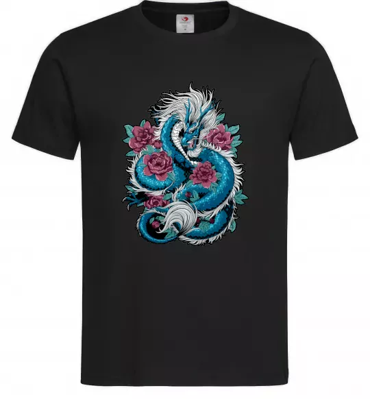 Мужская футболка Дракон квіти Черный фото