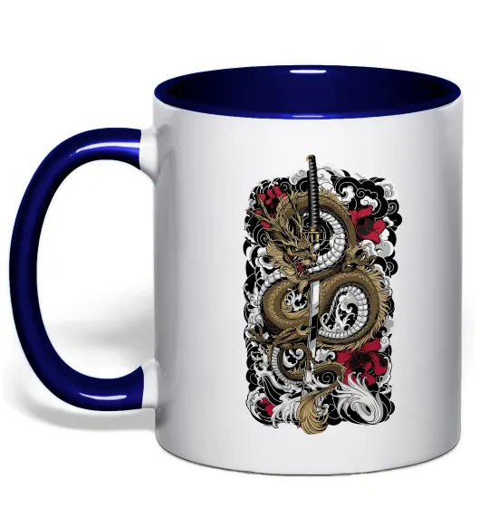 Чашка с цветной ручкой Дракон катана Глубокий темно-синий фото