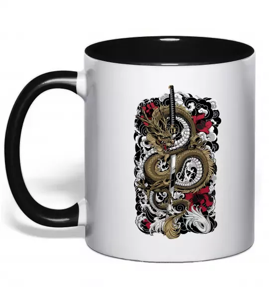 Чашка с цветной ручкой Дракон катана Черный фото