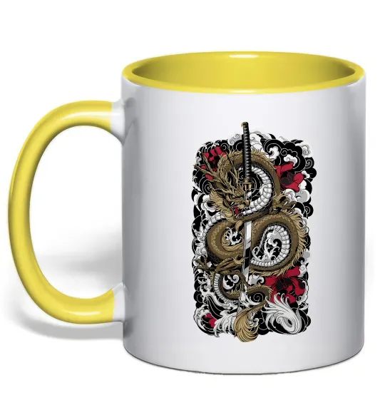 Чашка с цветной ручкой Дракон катана Лимонный фото