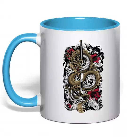 Чашка с цветной ручкой Дракон катана Голубой фото