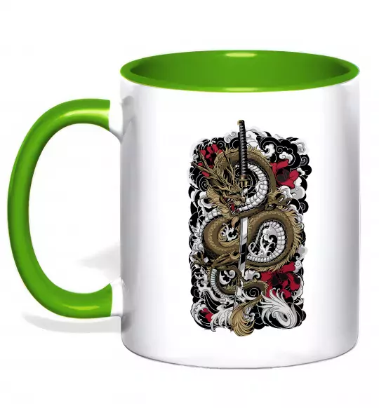 Чашка с цветной ручкой Дракон катана Зеленый фото