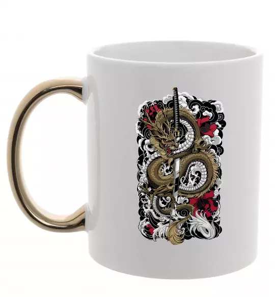 Чашка с цветной ручкой Дракон катана Золото фото