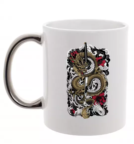 Чашка с цветной ручкой Дракон катана Серебро фото