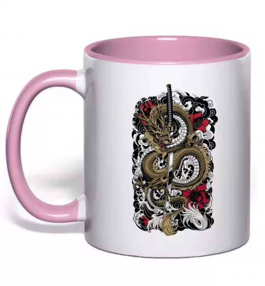Чашка с цветной ручкой Дракон катана Нежно розовый фото