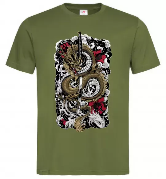 Мужская футболка Дракон катана Оливковый фото