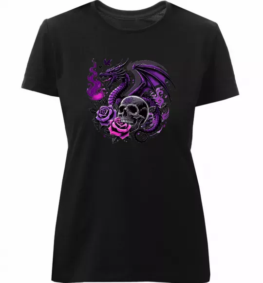 Женская премиум футболка Violet dragon skull Черный фото