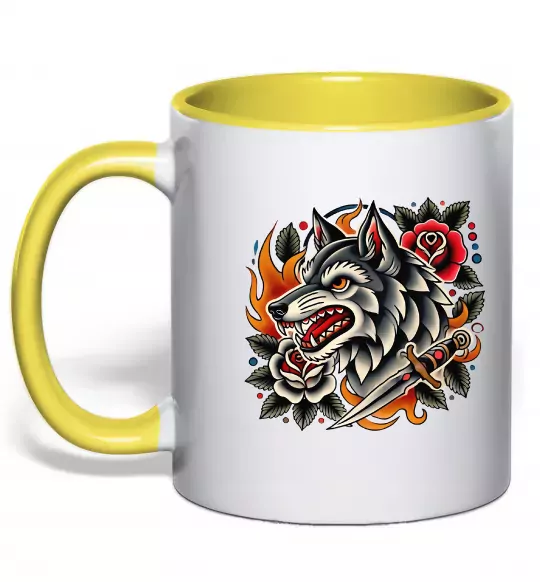 Чашка с цветной ручкой Олдскул вовк Солнечно желтый фото