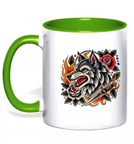 Чашка с цветной ручкой Олдскул вовк Зеленый фото