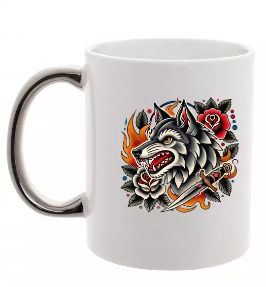 Чашка с цветной ручкой Олдскул вовк Серебро фото