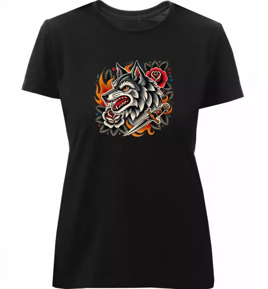 Женская премиум футболка Олдскул вовк Черный фото