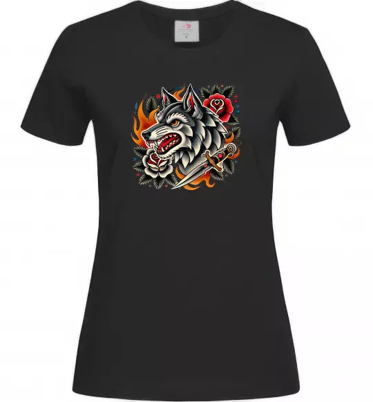 Жіноча футболка Олдскул вовк Чорний фото
