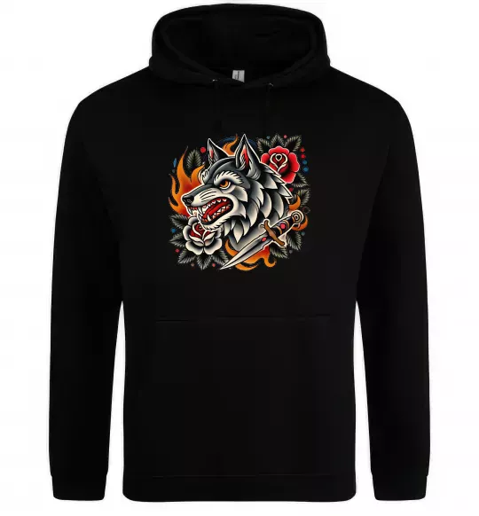 Мужская толстовка (худи) Олдскул вовк Черный фото