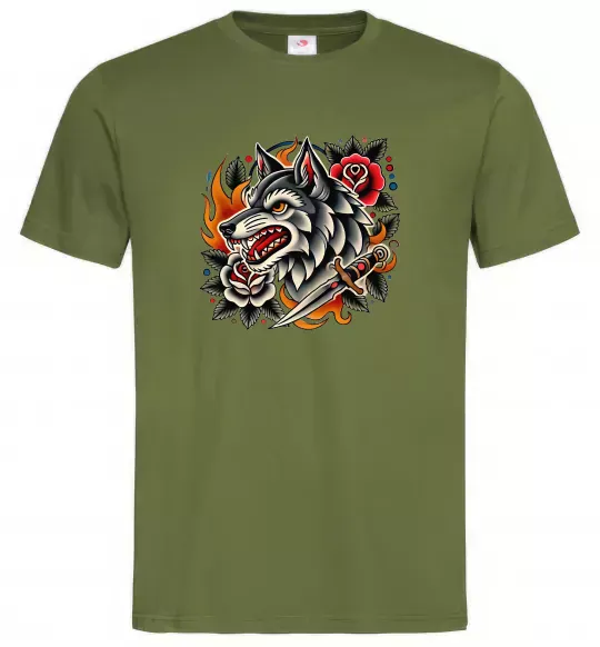 Чоловіча футболка Олдскул вовк Оливковий фото