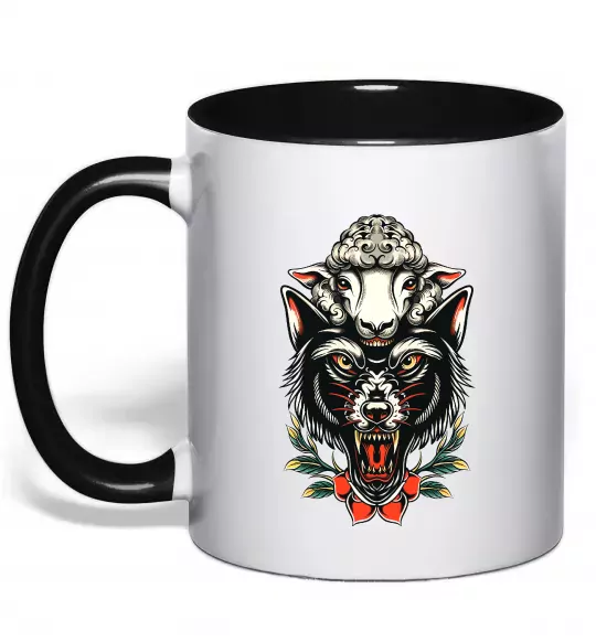 Чашка с цветной ручкой Вовк в овечій шкурі Черный фото
