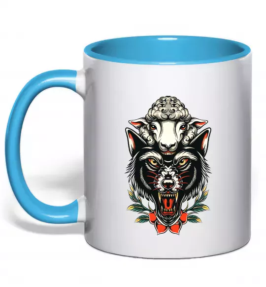 Чашка с цветной ручкой Вовк в овечій шкурі Голубой фото