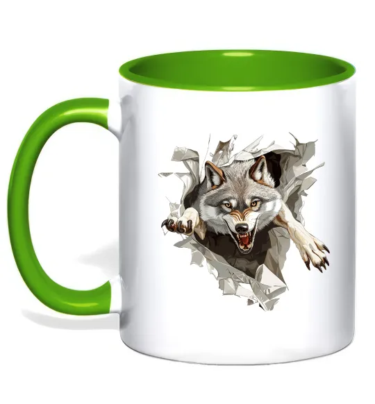 Чашка з кольоровою ручкою Вовк стрибок Лаймовий фото