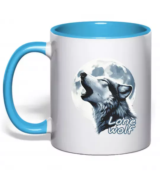 Чашка з кольоровою ручкою Lone wolf Блакитний фото