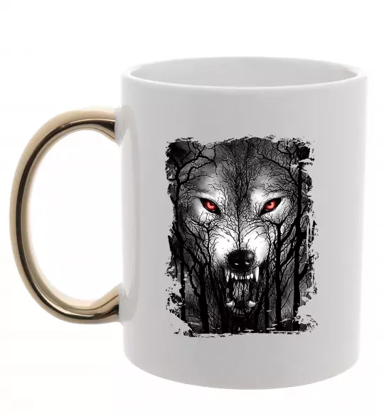 Чашка с цветной ручкой Вовк ліс Золото фото