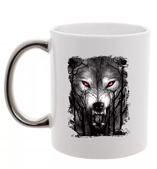 Чашка с цветной ручкой Вовк ліс Серебро фото