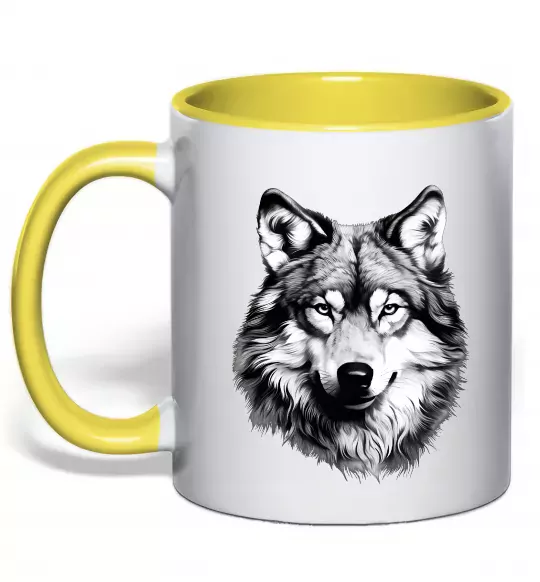 Чашка з кольоровою ручкою Вовк голова Сонячно жовтий фото