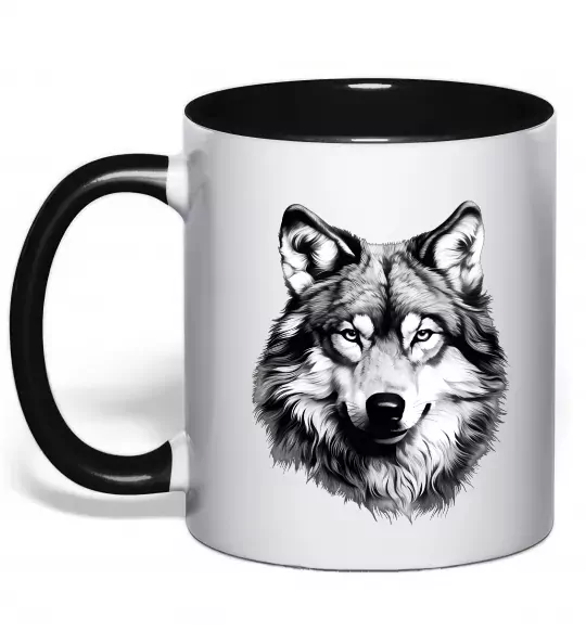Чашка з кольоровою ручкою Вовк голова Чорний фото