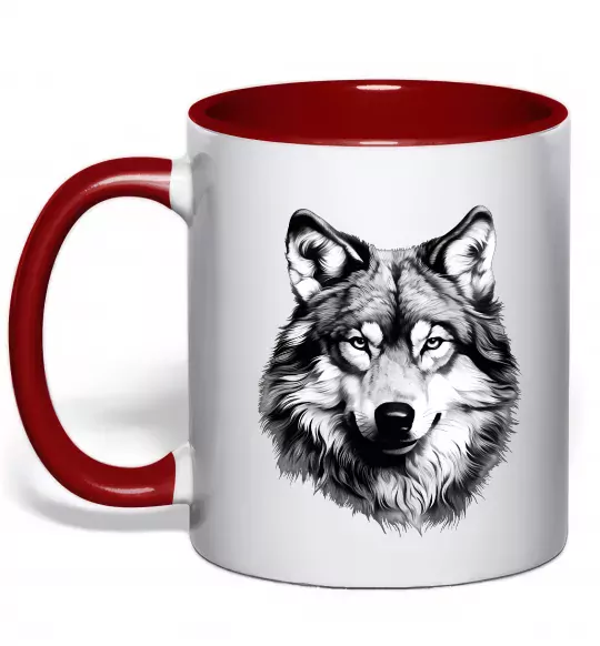 Чашка з кольоровою ручкою Вовк голова Червоний фото