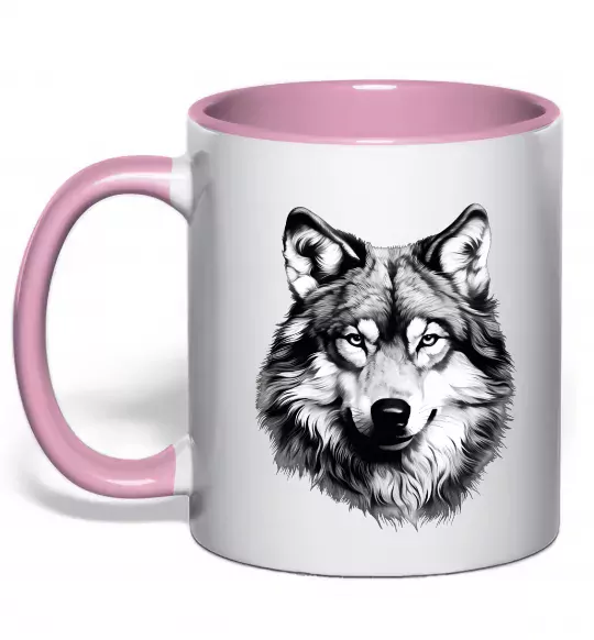 Чашка з кольоровою ручкою Вовк голова Ніжно рожевий фото