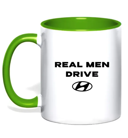 Чашка с цветной ручкой Real men drive Hyundai Лаймовый фото