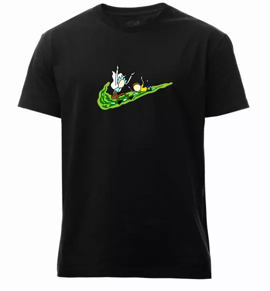 Чоловіча преміум футболка Рік та Морті летять на значку Чорний фото