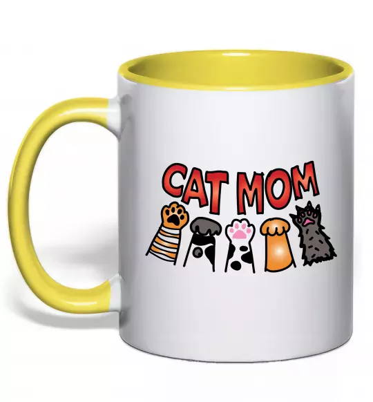 Чашка с цветной ручкой Cat mom лапки Солнечно желтый фото