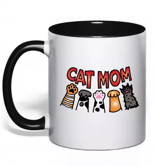 Чашка с цветной ручкой Cat mom лапки Черный фото