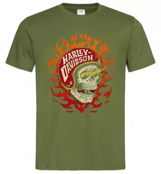 Мужская футболка Harley Davidson skull Оливковый фото