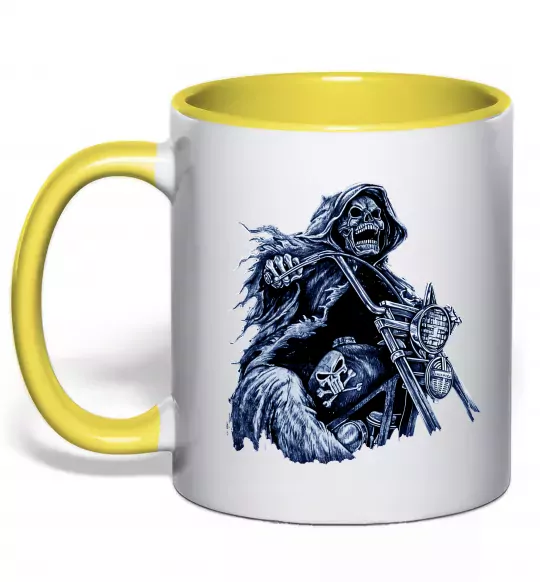 Чашка с цветной ручкой Скелет на байку Солнечно желтый фото