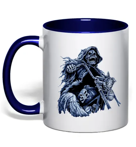 Чашка с цветной ручкой Скелет на байку Глубокий темно-синий фото