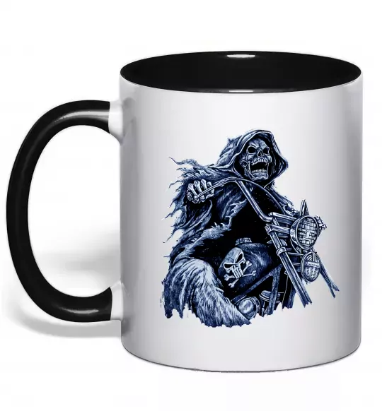 Чашка с цветной ручкой Скелет на байку Черный фото