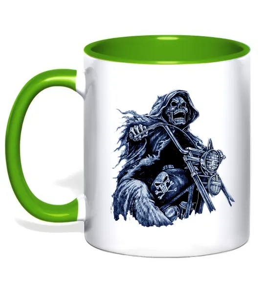 Чашка с цветной ручкой Скелет на байку Лаймовый фото