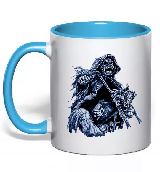 Чашка с цветной ручкой Скелет на байку Голубой фото